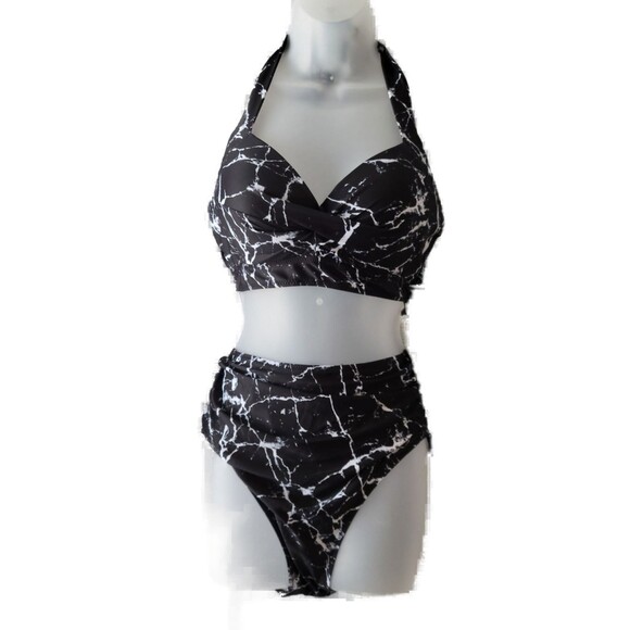 High Waist Push Up Black Marble Retro Halter Bikini Sz L - Picture 3 of 5